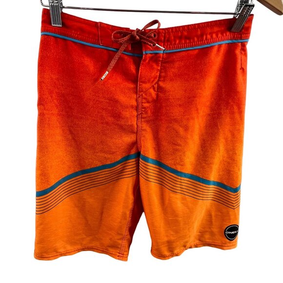 ONeill Mens Mid-Length Board Shorts Size 32 Orange/Blue Striped Drawstring Fit L - Picture 1 of 11
